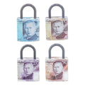 King Charles Pound Note Reusable Coin Money Tin Box Padlock Shape with Handle 16.5 x 9.5 x 26.5cm Assorted Designs MTH 11890 (Parcel Rate)