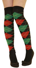 Crazy Chick Black Red and Green Argyle OTK Socks