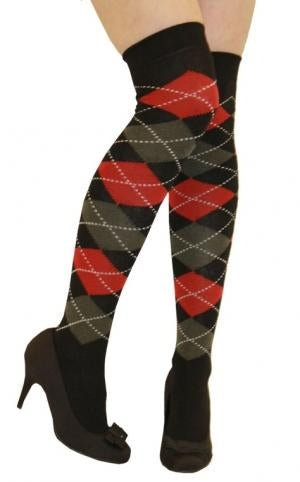 Crazy Chick Black and Red Argyle OTK Socks