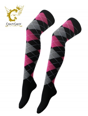 Crazy Chick Black with Pink and Grey Argyle OTK socks