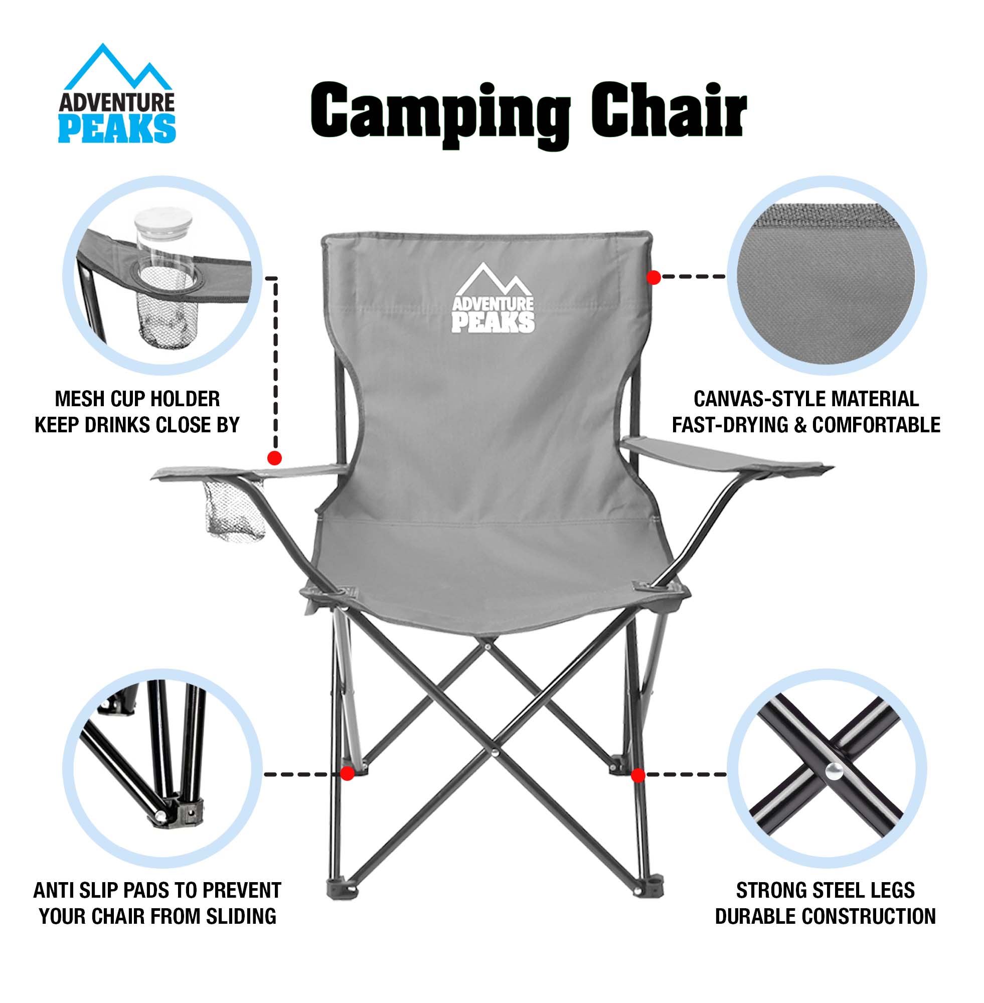 Foldable Outdoor Garden Camping Chair with Carry Bag 50 x 50 x 80 cm Grey 1433
