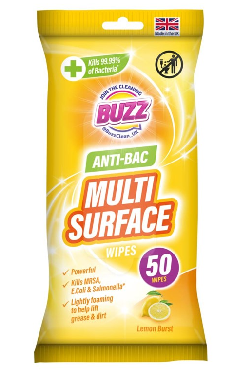 Buzz Multi Surface Antibacterial Wipes 50 Pack Lemon 321592 / 324254