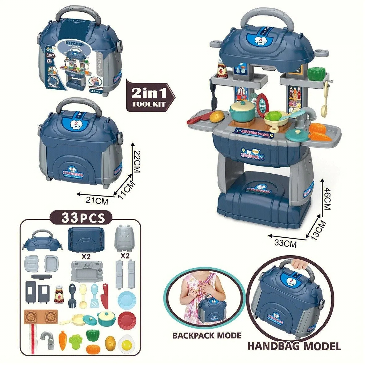 PH-11 2 In 1 Blue &amp; Grey 33Pcs Kitchen Carry Along Case