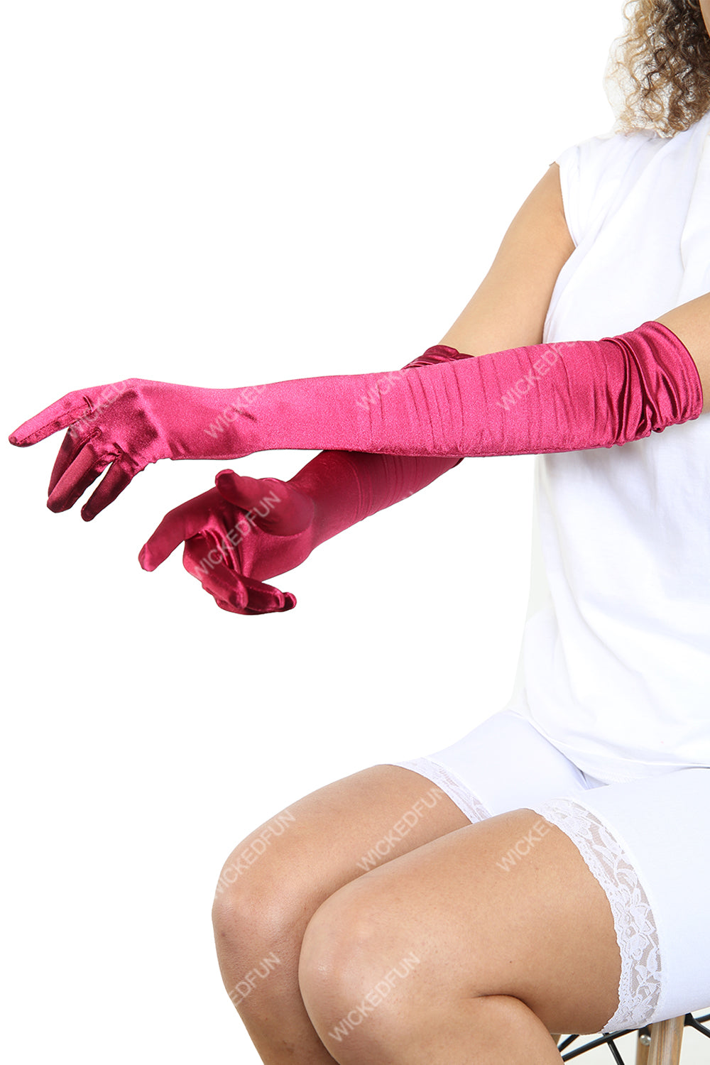 Wickedfun Raspberry Ruched Top Long Satin Gloves