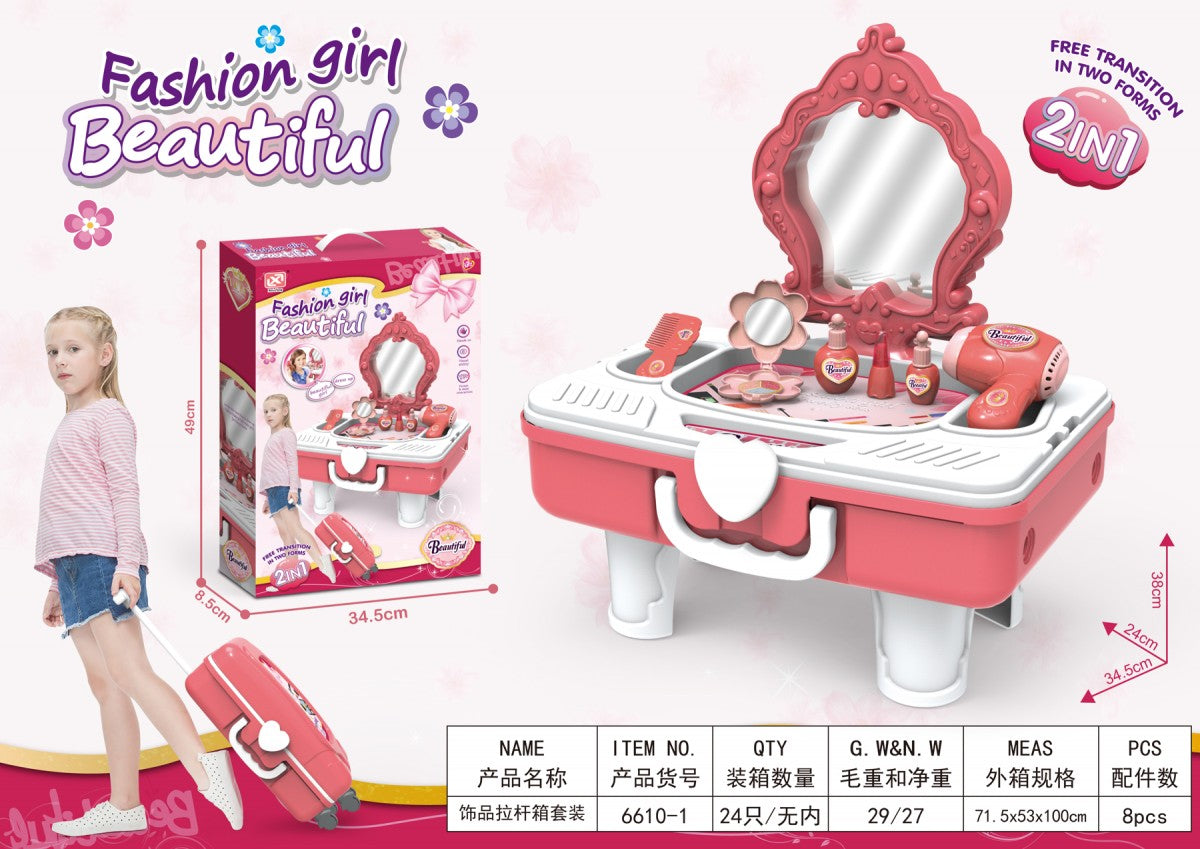 6610-1 Girls' 2-in-1 Pretend Play Beauty Makeup Set – Draw-Bar Box &amp; Dressing Table Toy