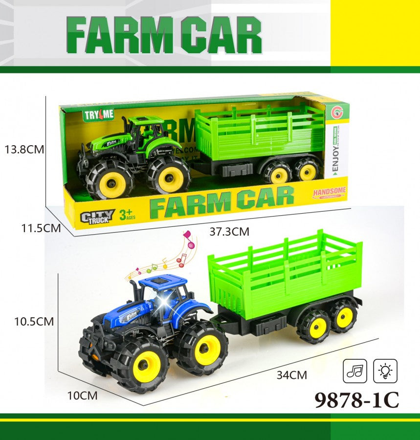 9878-1C Inertia-Powered Tractor with Trailer – Battery Operated, Sound Effects, 2 Colors | Farm Toy for Kids