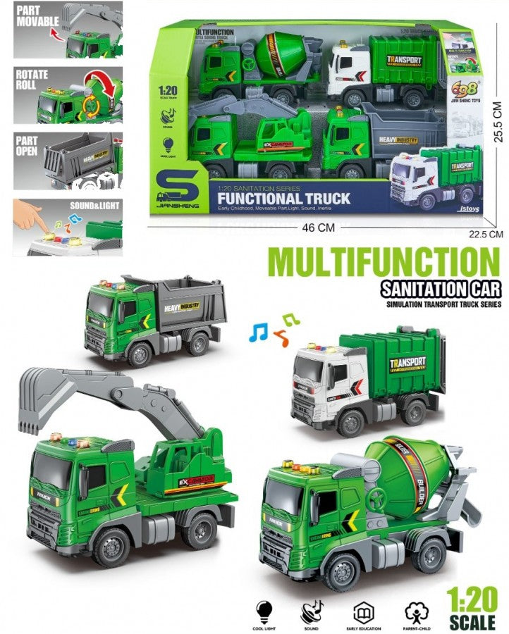 JS200A 4pcs 1:20 Sanitation Truck – Movable Parts, Light & Sound, Rotating Roll, Simulation Transport Vehicle.