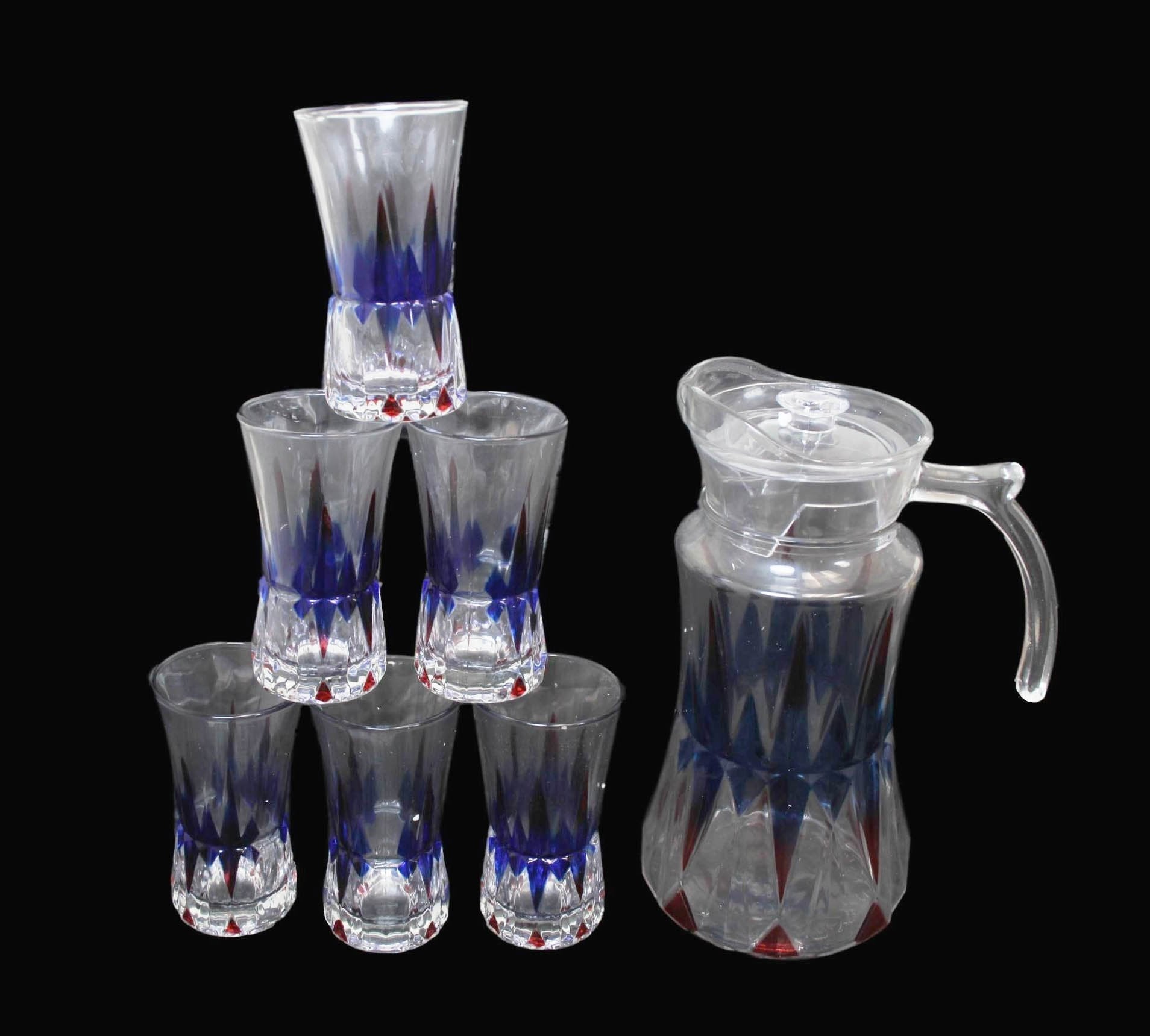 7 Piece Glassware Set Water Jug and 6 glasses Tumblers Coloured Effect Juice Jug 6335