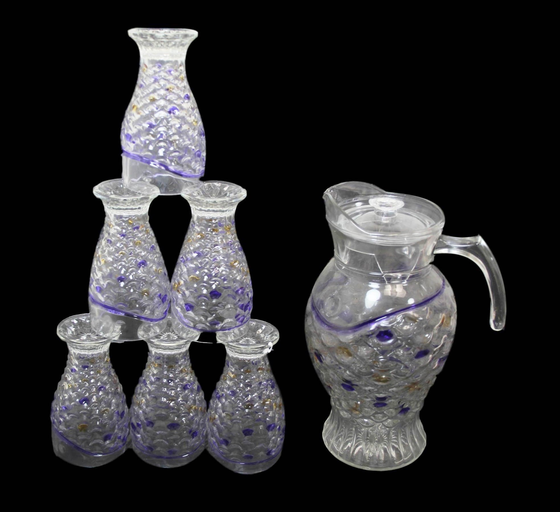 Glass Water Juice Serving Jug with Glasses Set of 7 Coloured Fish Scale Design Assorted Colours 6336