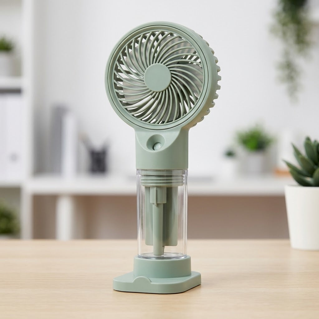 Water Spray Mini Handheld Fan with Phone Stand – 1.5-2.5W, 3.7V Battery, USB Charge, SG-9062