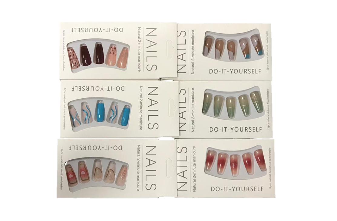 Artificial Fake Nail Extensions with Nail Glue Adhesive Sticker Tabs Assorted Designs 7310