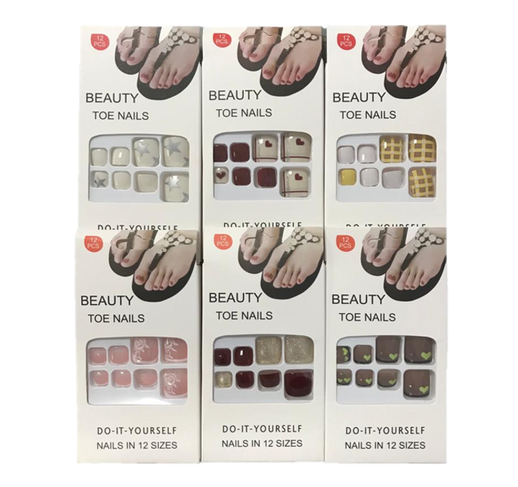 Artificial Fake Toe Nail Extensions with Nail Glue Adhesive Tabs Assorted Designs 7311