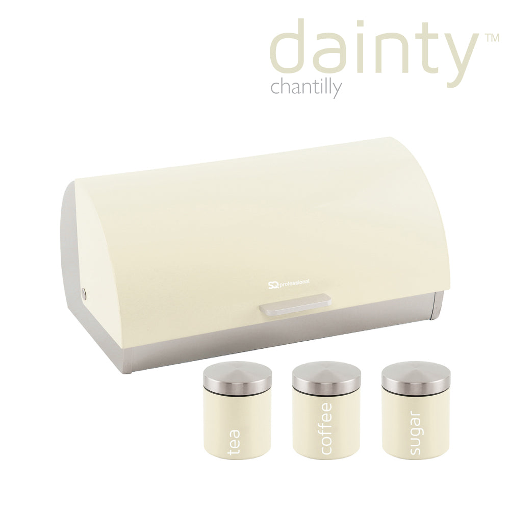 SQ Professional Dainty Metal Bread Bin with 3 Canisters Chantilly Cream 7664