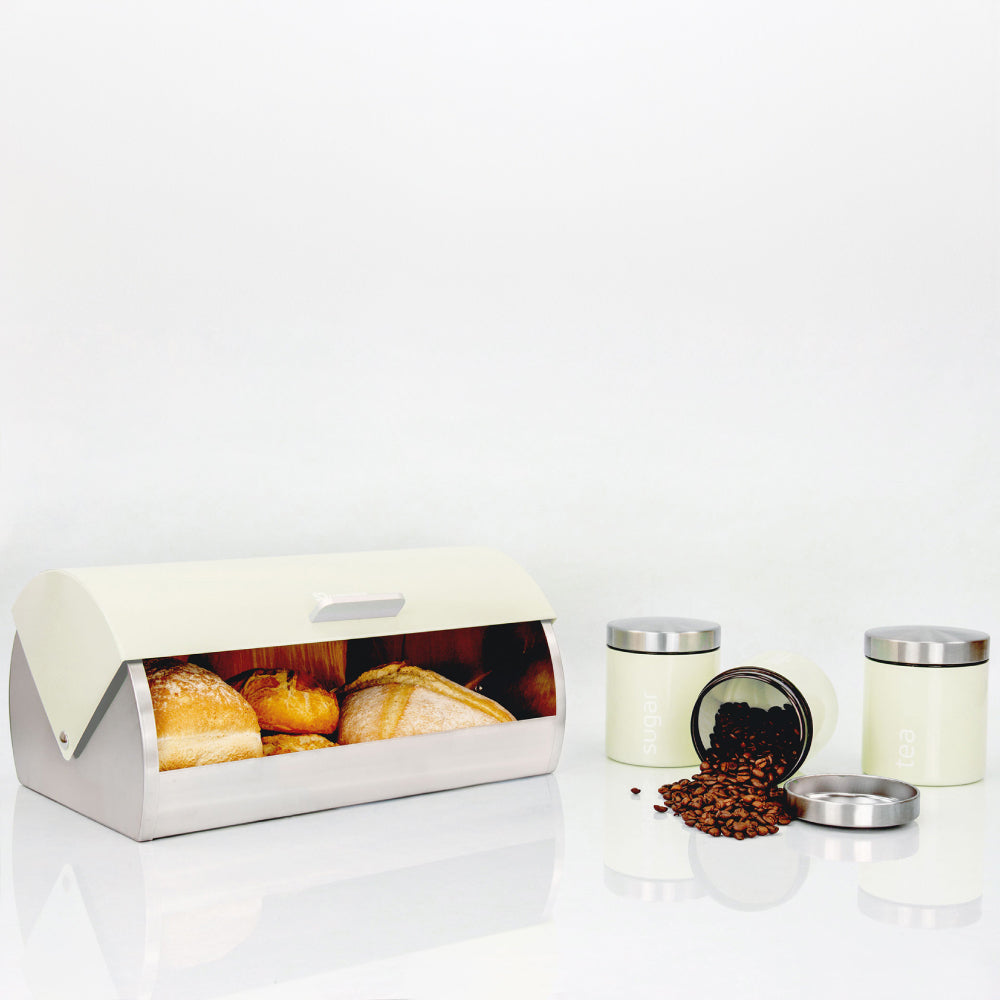 SQ Professional Dainty Metal Bread Bin with 3 Canisters Chantilly Cream 7664