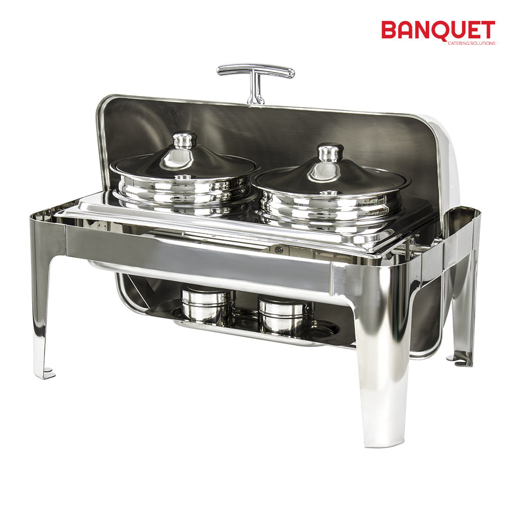 SQ Professional Banquet Chafing Dish with Roll Top and 2 Soup / Stew Pots Oblong Silver 2 x 4.5L 7924