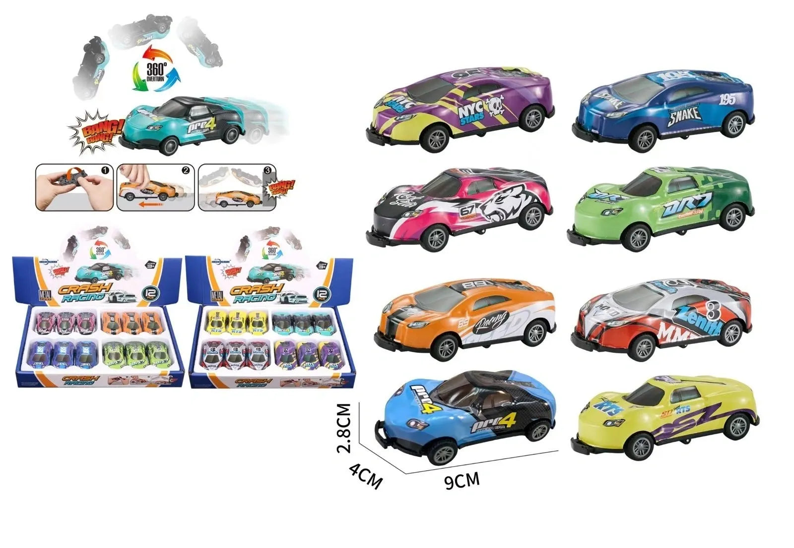 KZ957-114H METAL CAR CRASH RACING PULL BACK BOX OF 12 CARS