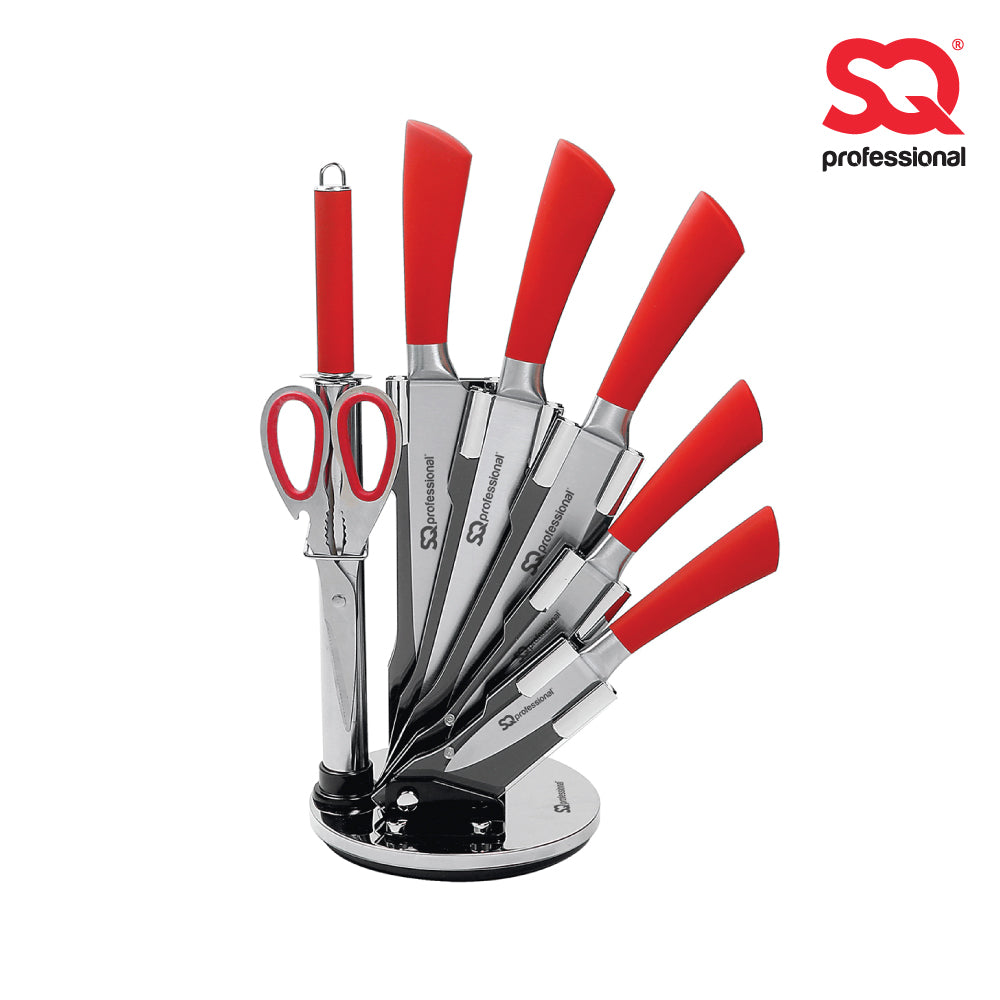 SQ Professional Stainless Steel Kitchen Knife Set of 8 Red 8741