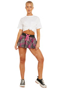 Crazy Chick Adult Pink Grey Black Tartan Skirt with Pink Bow (9 Inches)