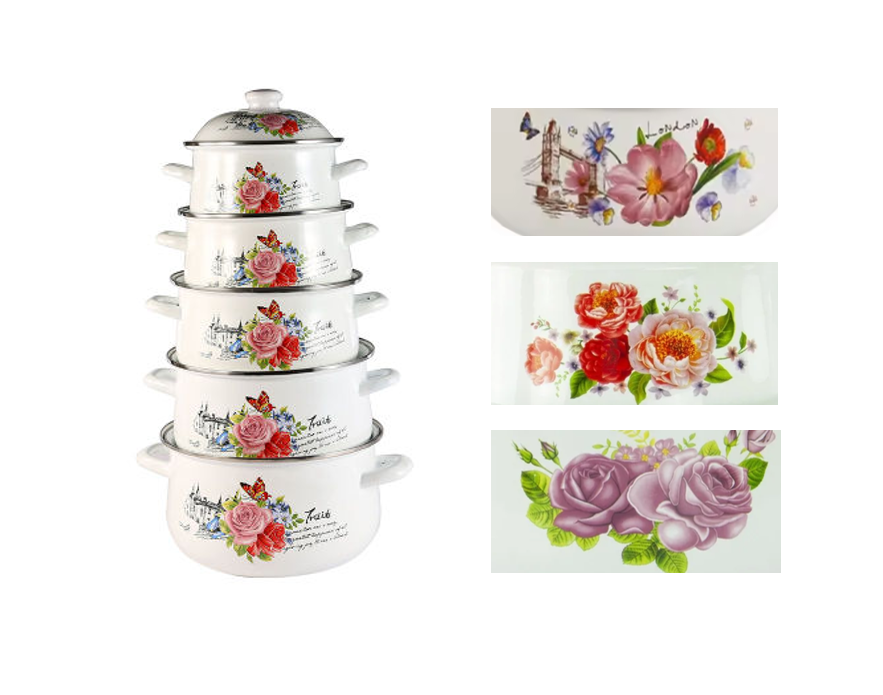 Enamel Cooking Pot Set of 5 Floral Design Assorted Designs 773D / 9199