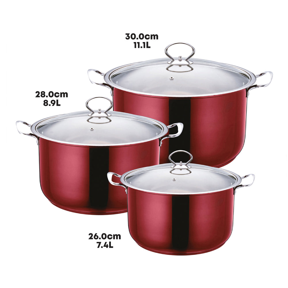 SQ Professional Gems Metallic Stockpot Set of 3 Ruby 26-28-30cm 9576