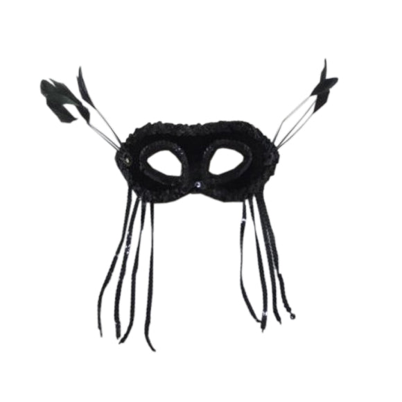 Black Sequin Eye Mask with Feathers