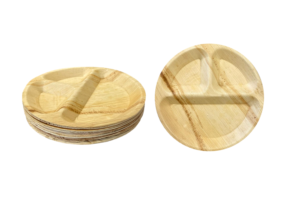 Biodegradable Disposable Round Areca Palm Leaf 3 Compartment Plates 10" Pack of 10 EC0430