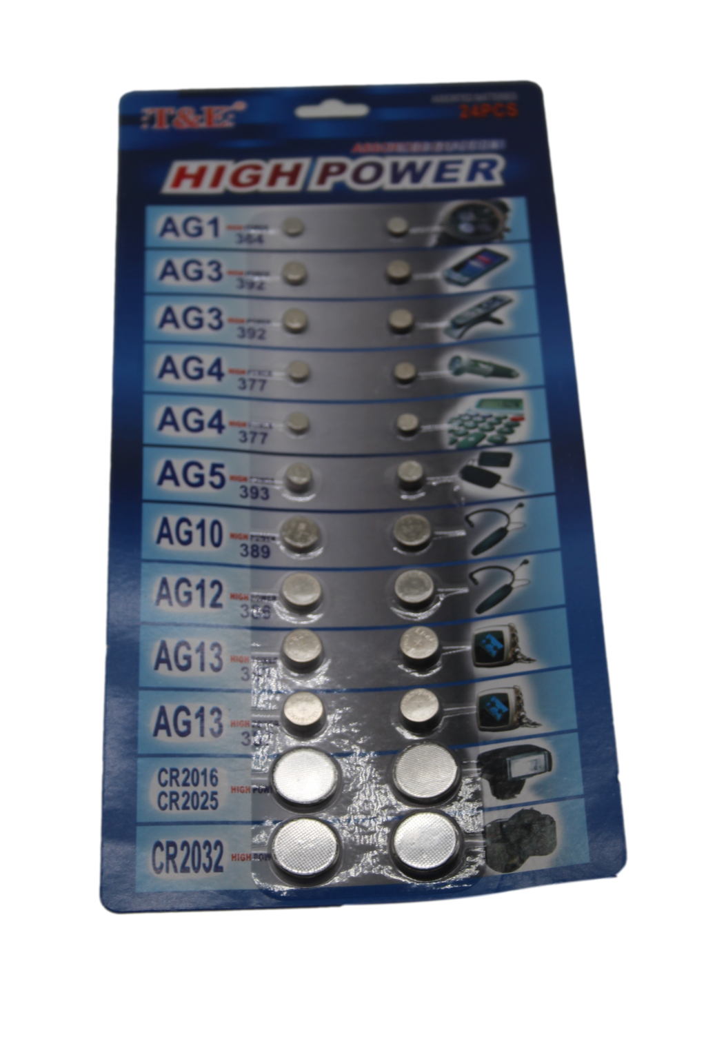 T&E 24 Assorted Flat Button Batteries on 1 Single Card 15 x 30cm 2027