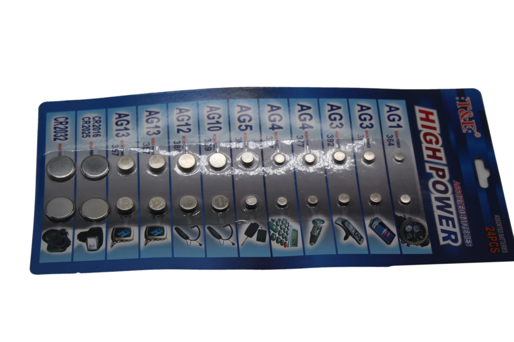 T&E 24 Assorted Flat Button Batteries on 1 Single Card 15 x 30cm 2027