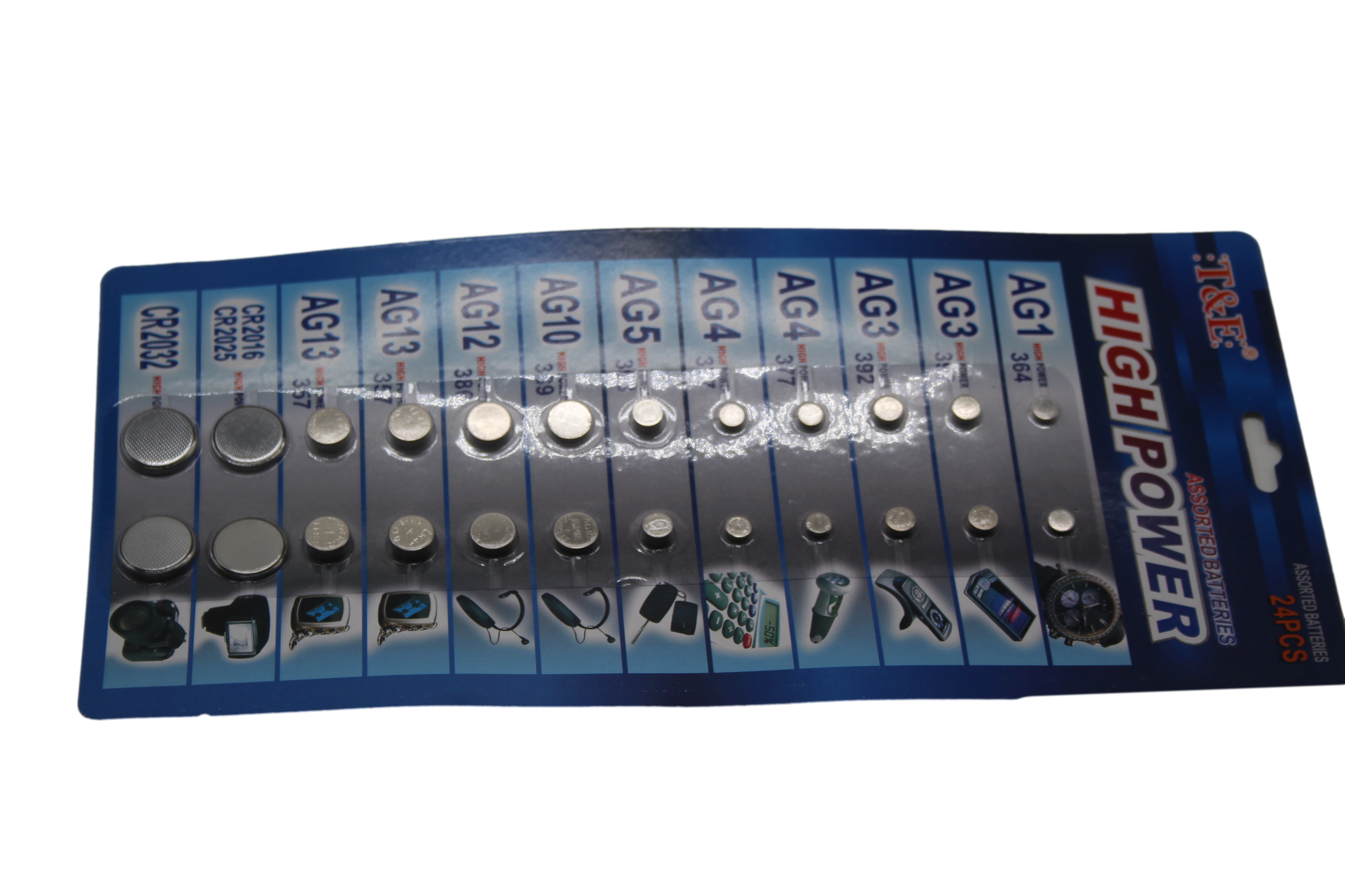 T&E 24 Assorted Flat Button Batteries on 1 Single Card 15 x 30cm 2027