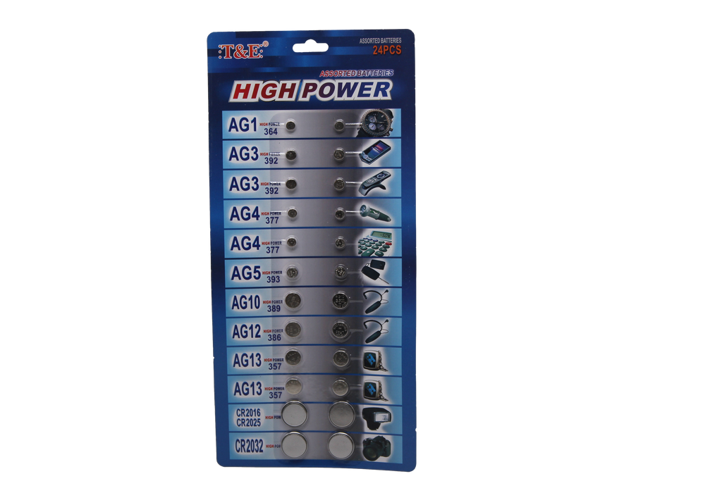 T&E 24 Assorted Flat Button Batteries on 1 Single Card 15 x 30cm 2027
