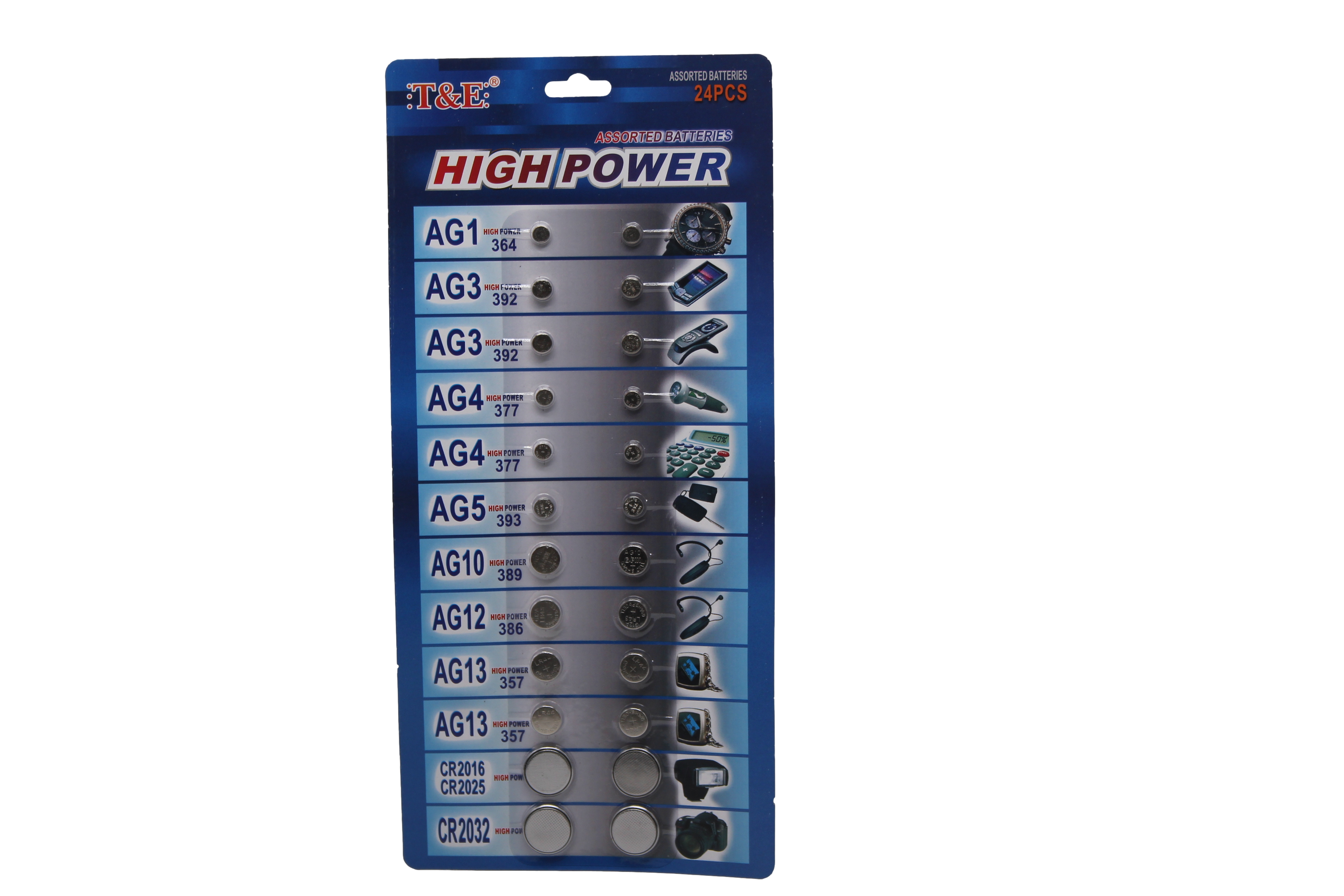T&E 24 Assorted Flat Button Batteries on 1 Single Card 15 x 30cm 2027