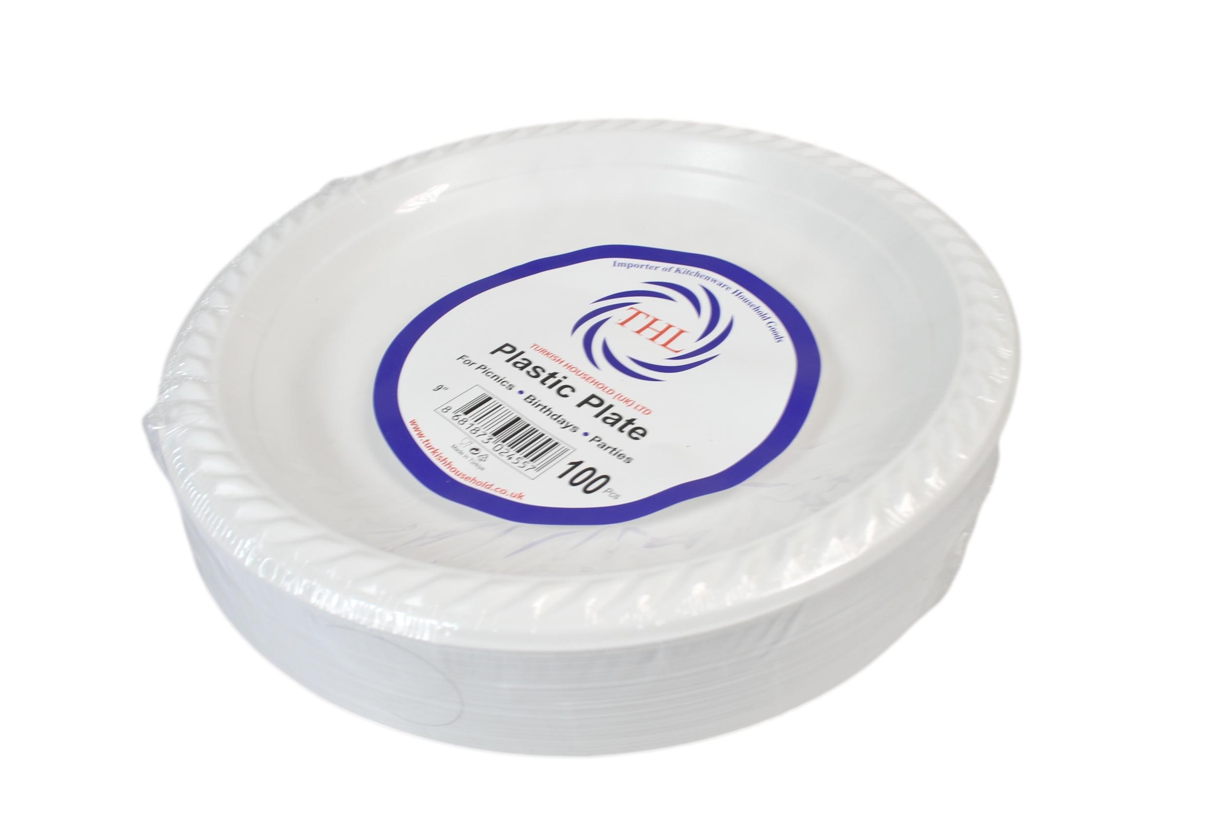9" White Plastic Plates For Picnics Birthdays Parties Pack of 100  2455
