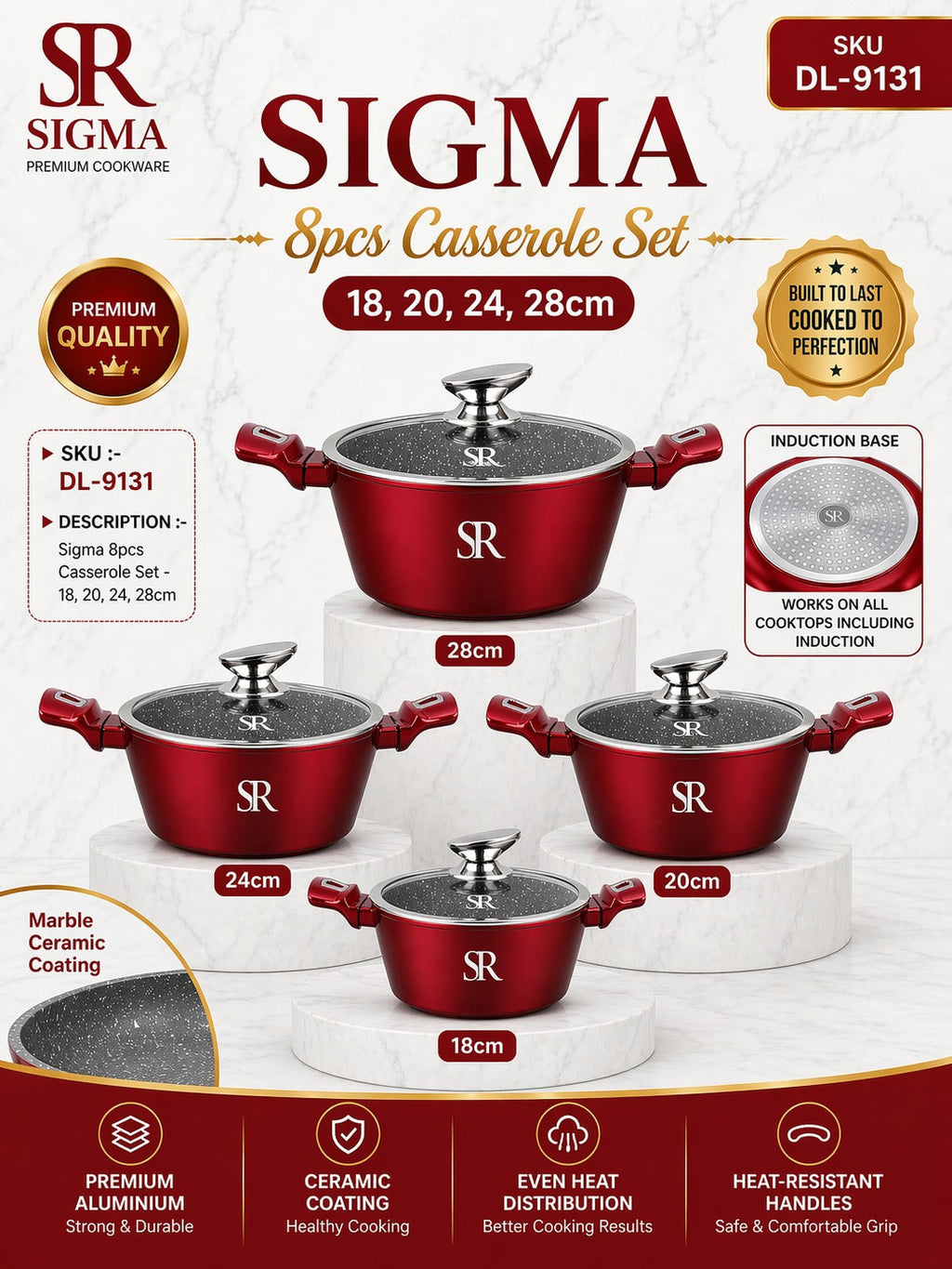 Sigma 4-Piece Casserole Set with Lids, Red, 18-20-24cm, SKU DL9131