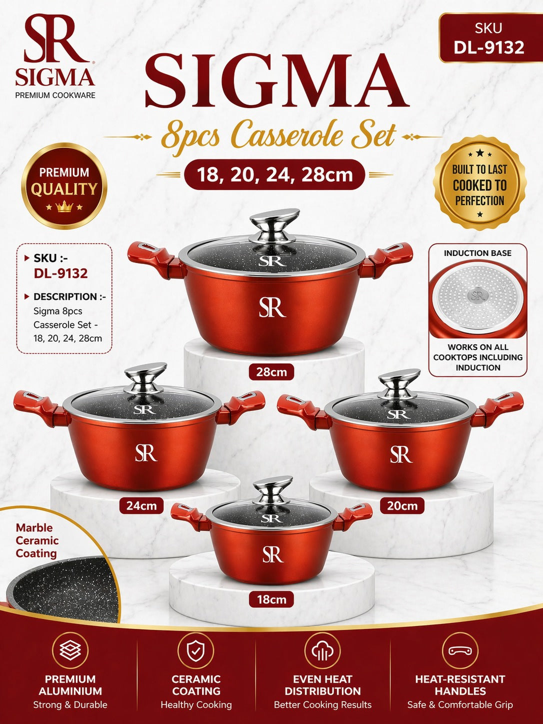 Sigma 4-Piece Casserole Set with Lids, Copper, 18-20-24cm, SKU DL9132