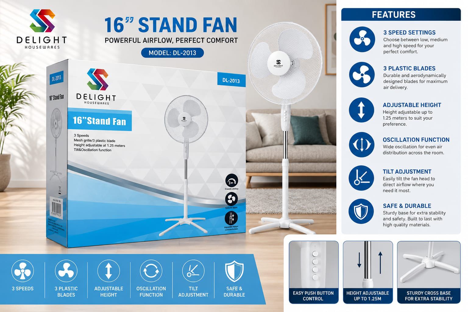 16" Cross Base Stand Fan 3 Speed White DL2013