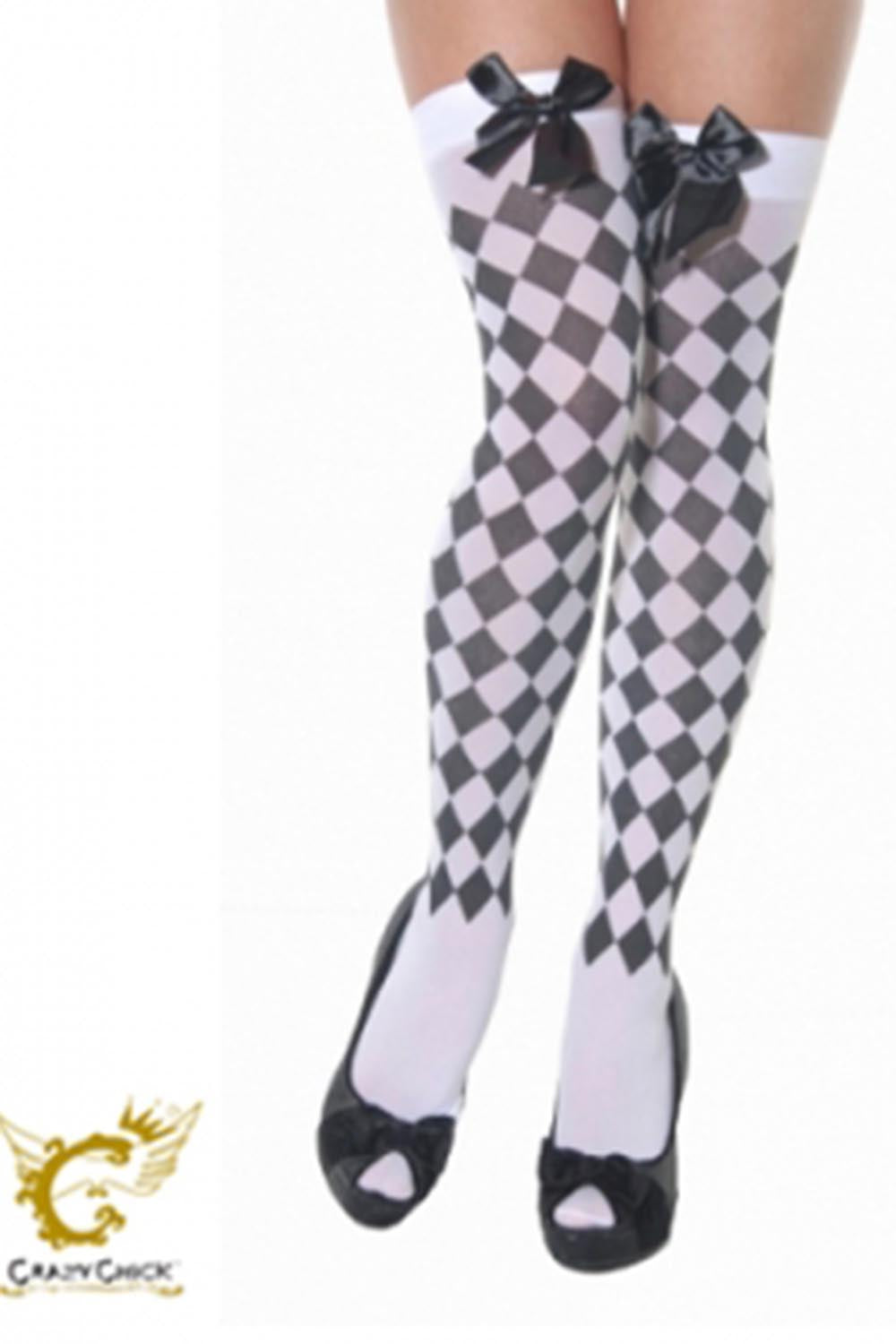 Crazy Chick White and Black Diamante Stockings With Black Bow