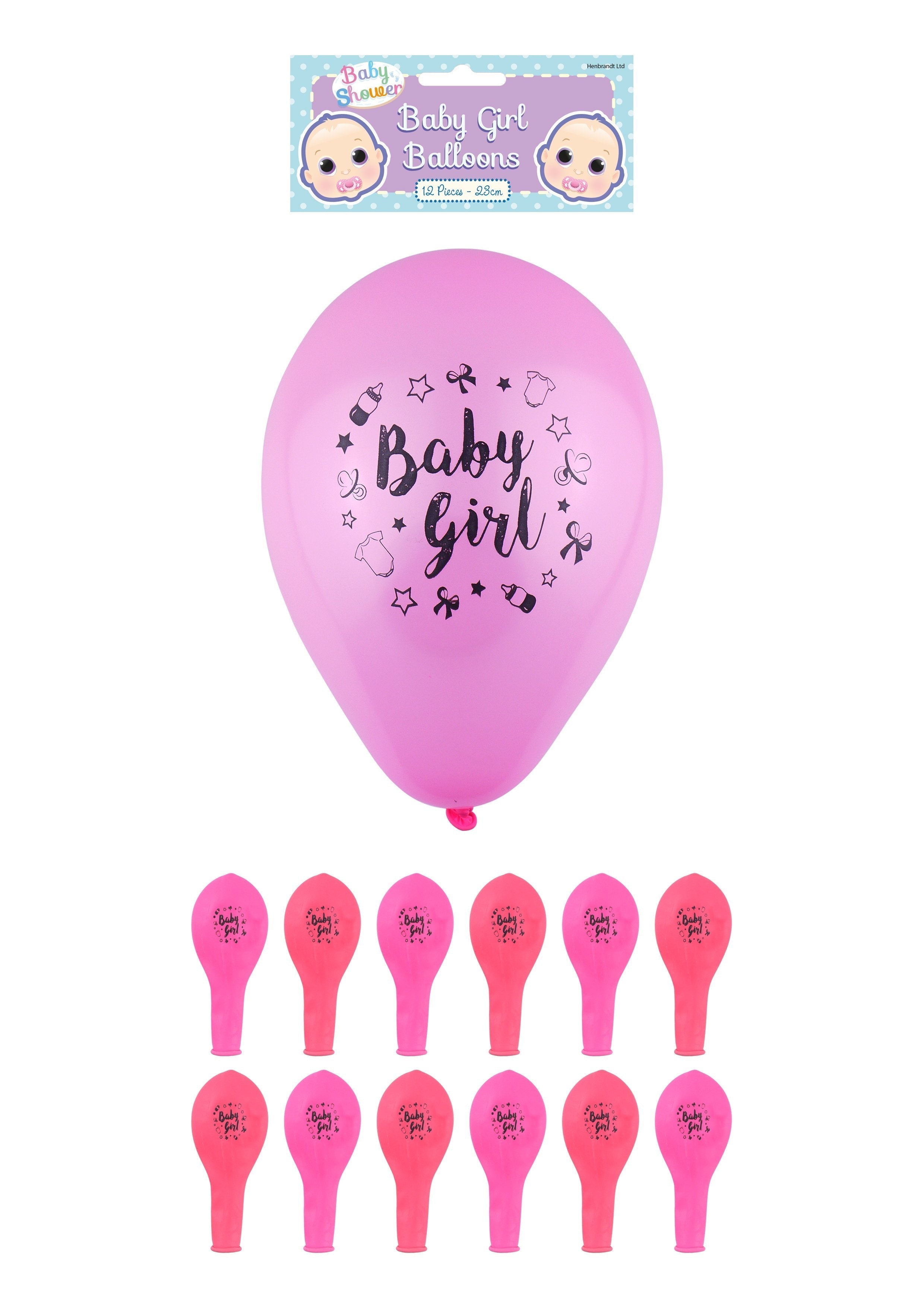 'Baby Girl' Party Birth Celebration Balloons 23 cm Pack of 12 Pink X38746