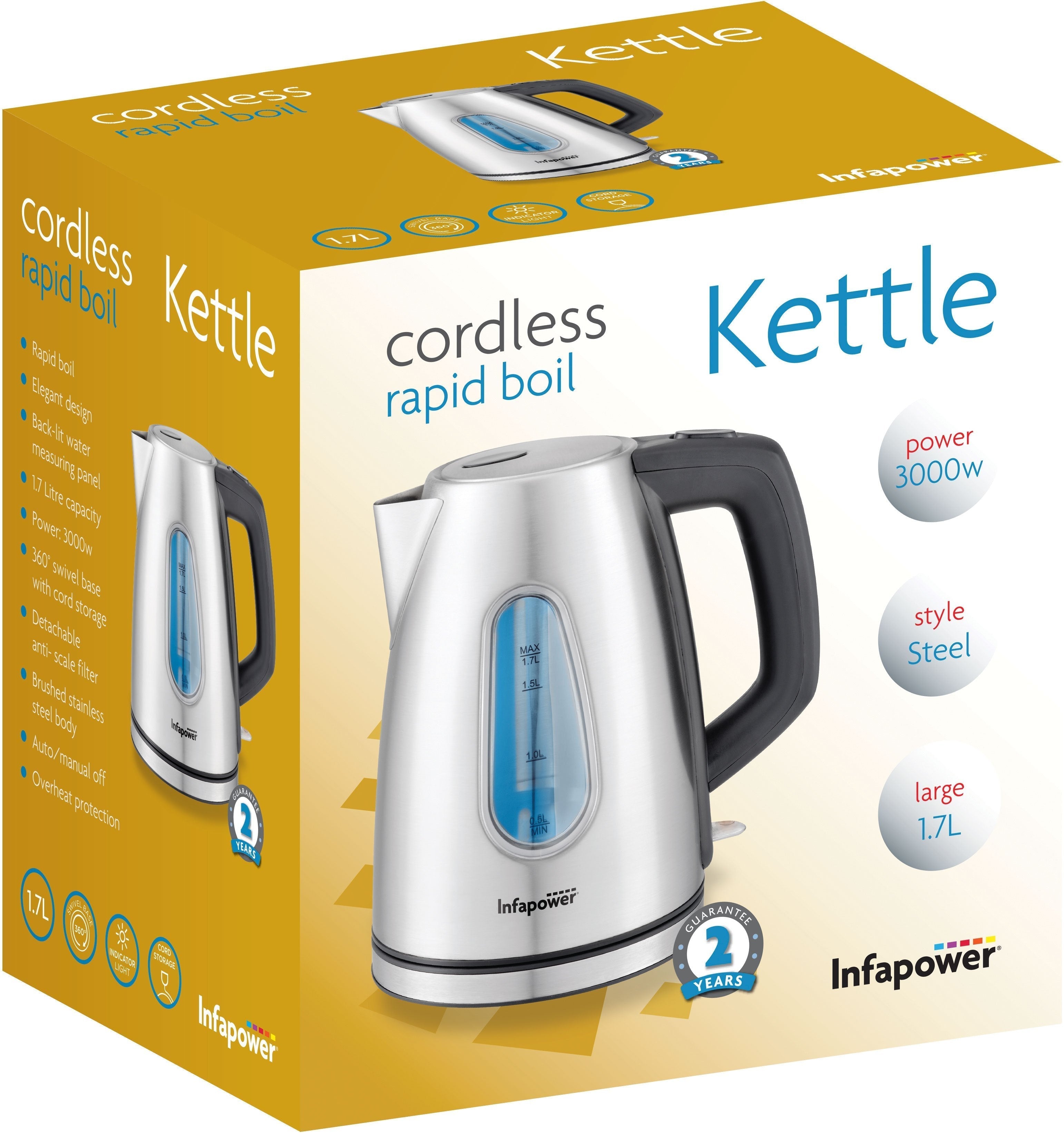 Infapower Cordless Rapid Boil Steel Kettle 3000W 1.7L X504