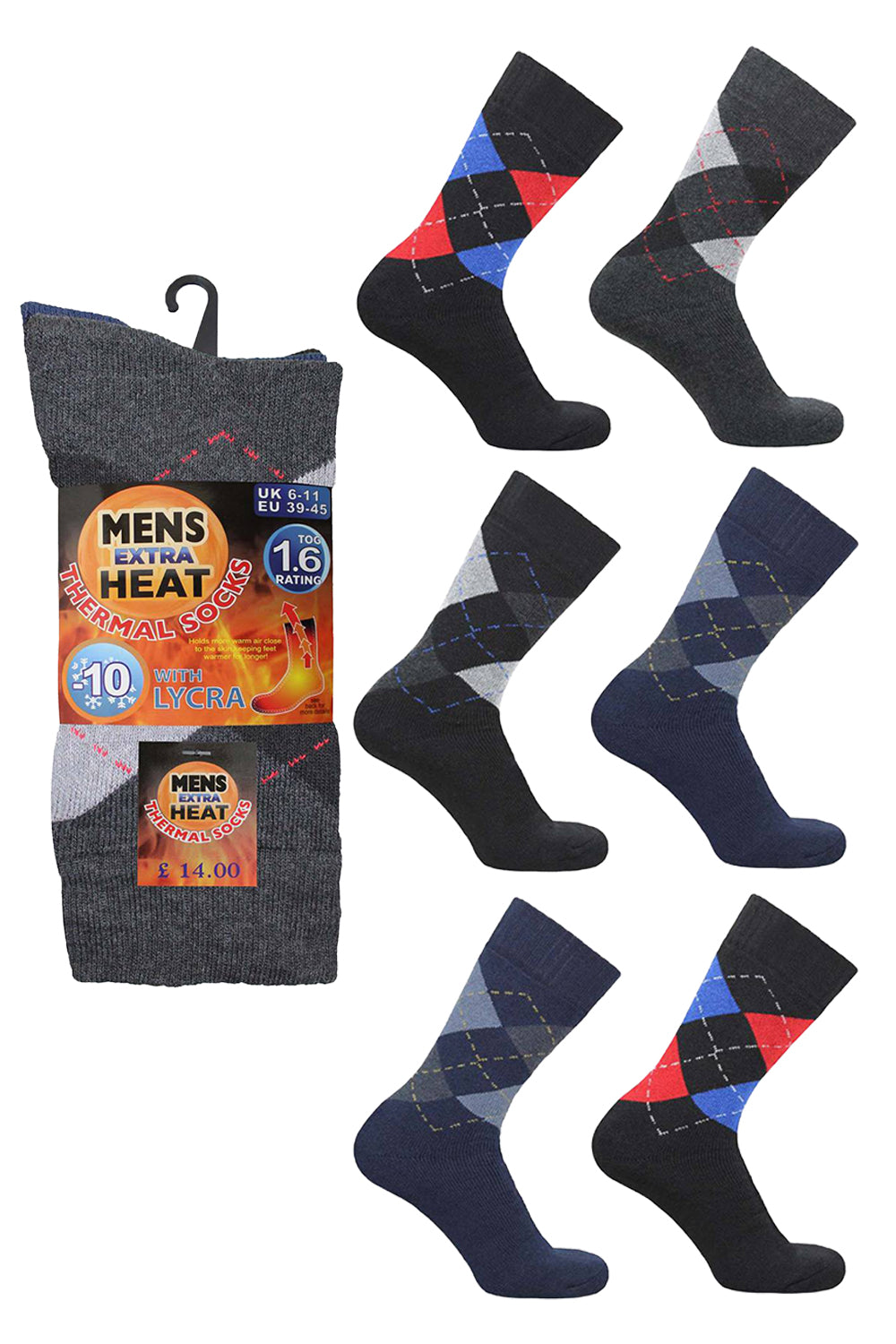 Active Star Mens Extra Heat Thermal Argyle Socks 1.6 Tog (Pack of 3 Pair)