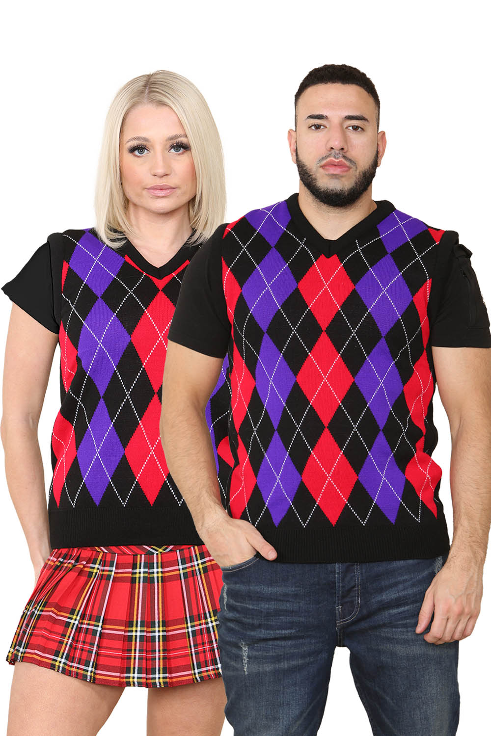 Active Star Unisex Knitted V Neck Sleeveless Argyle Jumper Vest Black/Purple/Red