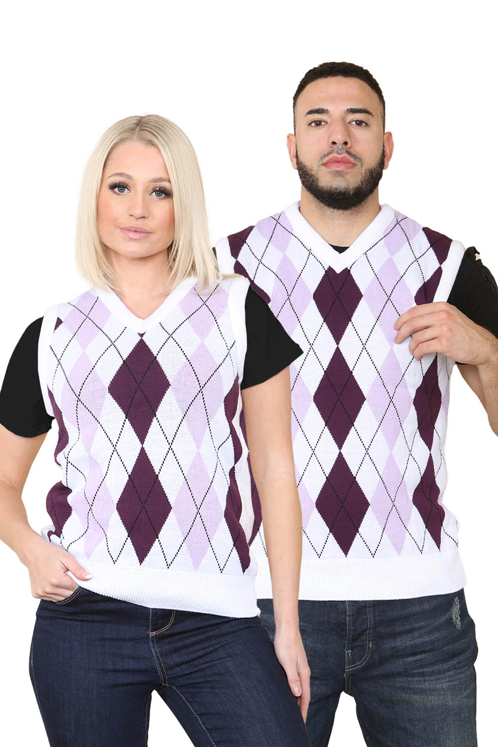 Active Star Unisex Knitted V Neck Sleeveless Argyle Jumper Vest Cream/Purple/Lilac