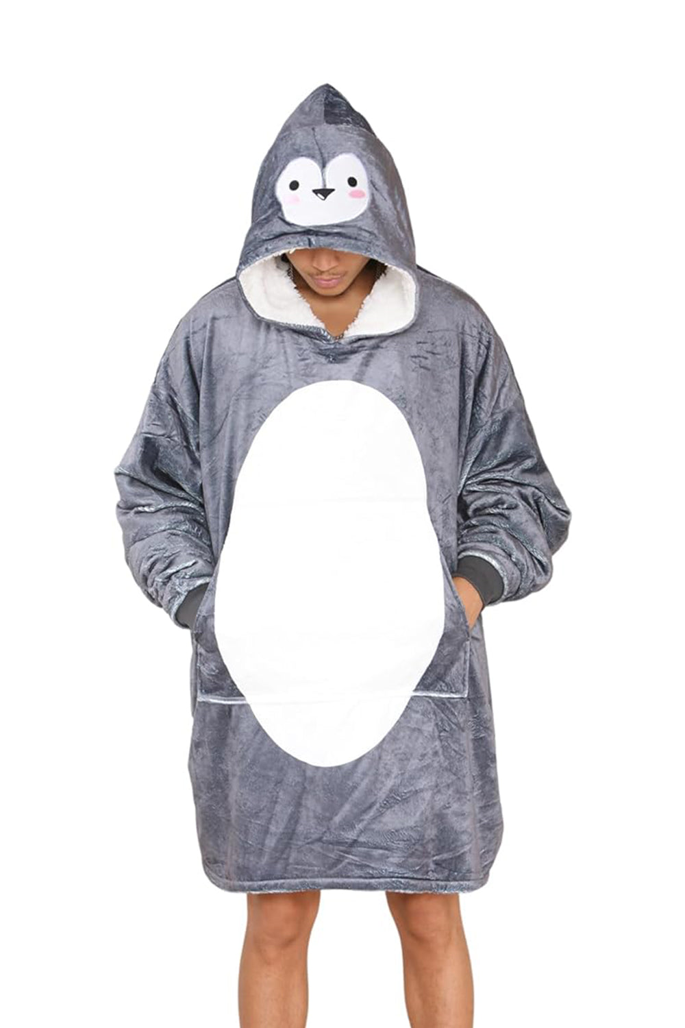 Adult Animal Charcoal Penguin Face Hoodie Blanket