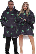 Adult Black Sherpa Fleece Botanical Weed Leaf Hoodie Blanket