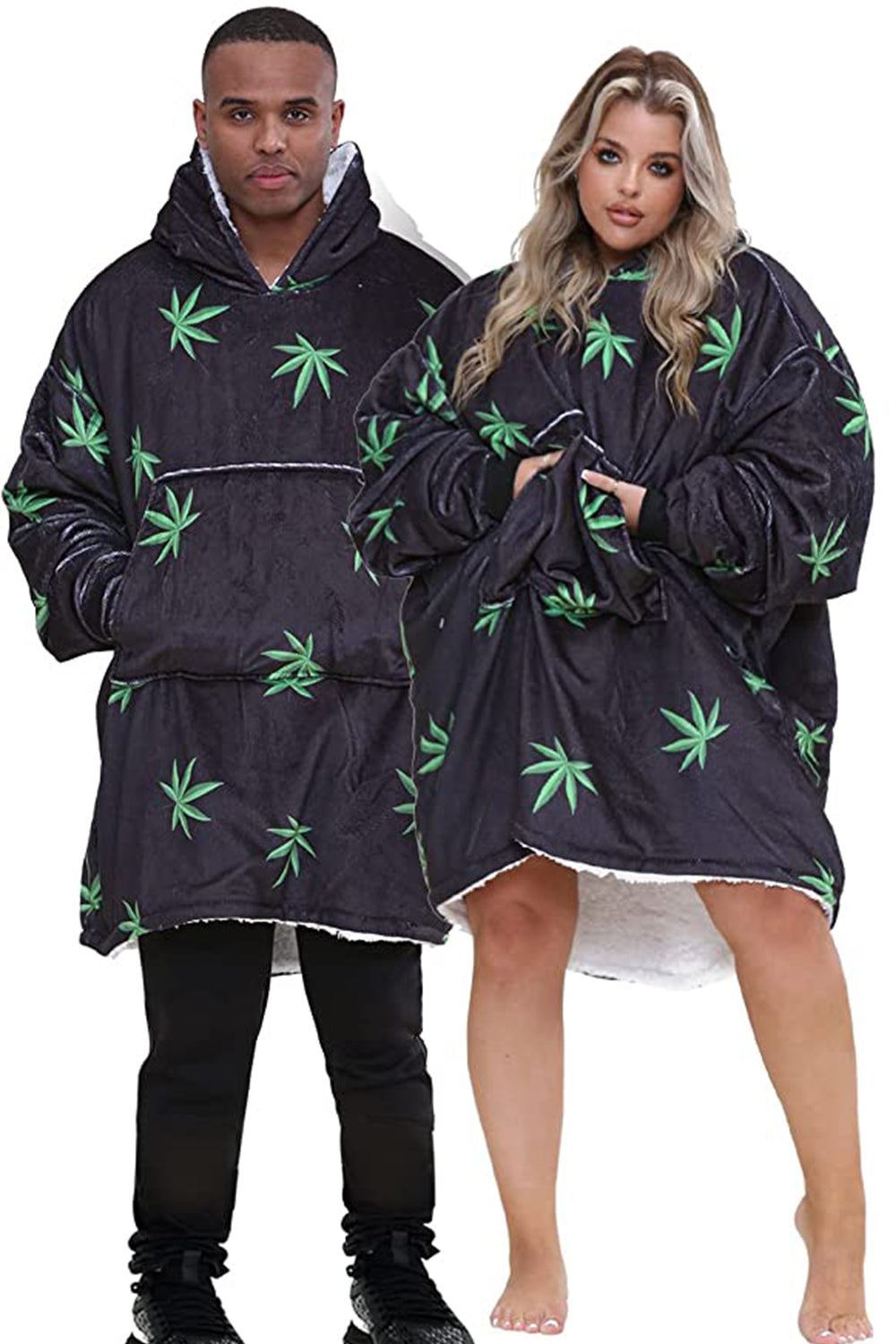 Adult Black Sherpa Fleece Botanical Weed Leaf Hoodie Blanket