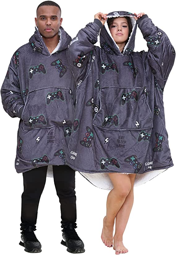 Adult Grey Game Lover Sherpa Hoodie Blanket