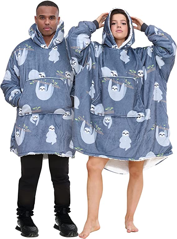 Adult Grey Hanging Sloth Sherpa Fleece Hoodie Blanket