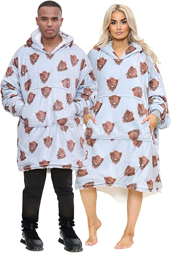 Adult Grey Highland Cow Animal Print Hoodie Blanket
