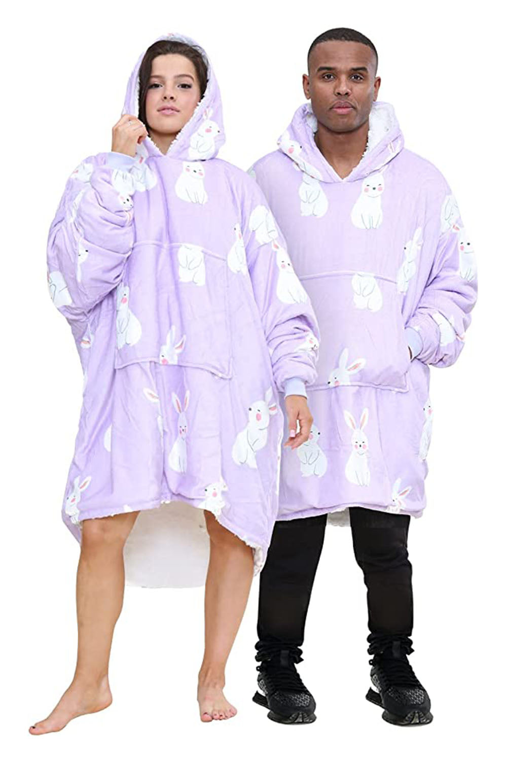 Adult Lilac Oversized Rabbit Animal Print Hoodie Blanket