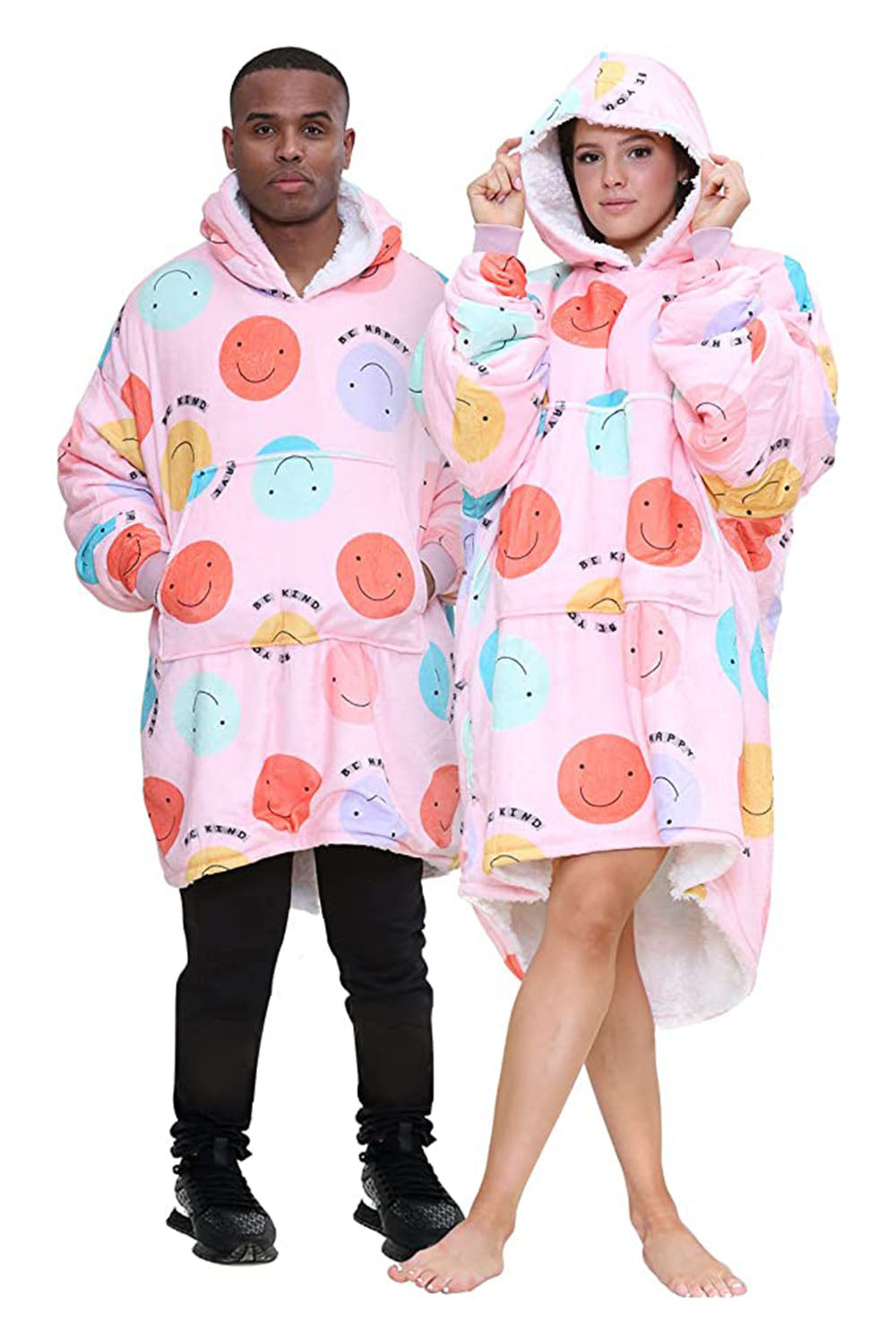 Adult Pink Be Happy Printed Hoodie Blanket