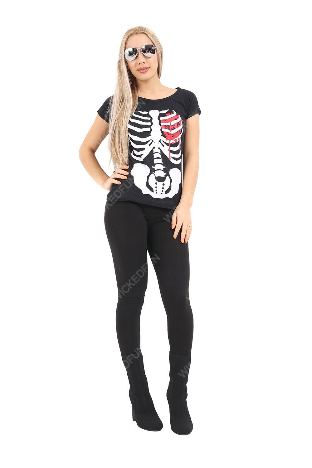 Wickedfun Black Skeleton W Bloody Heart Printed TShirt